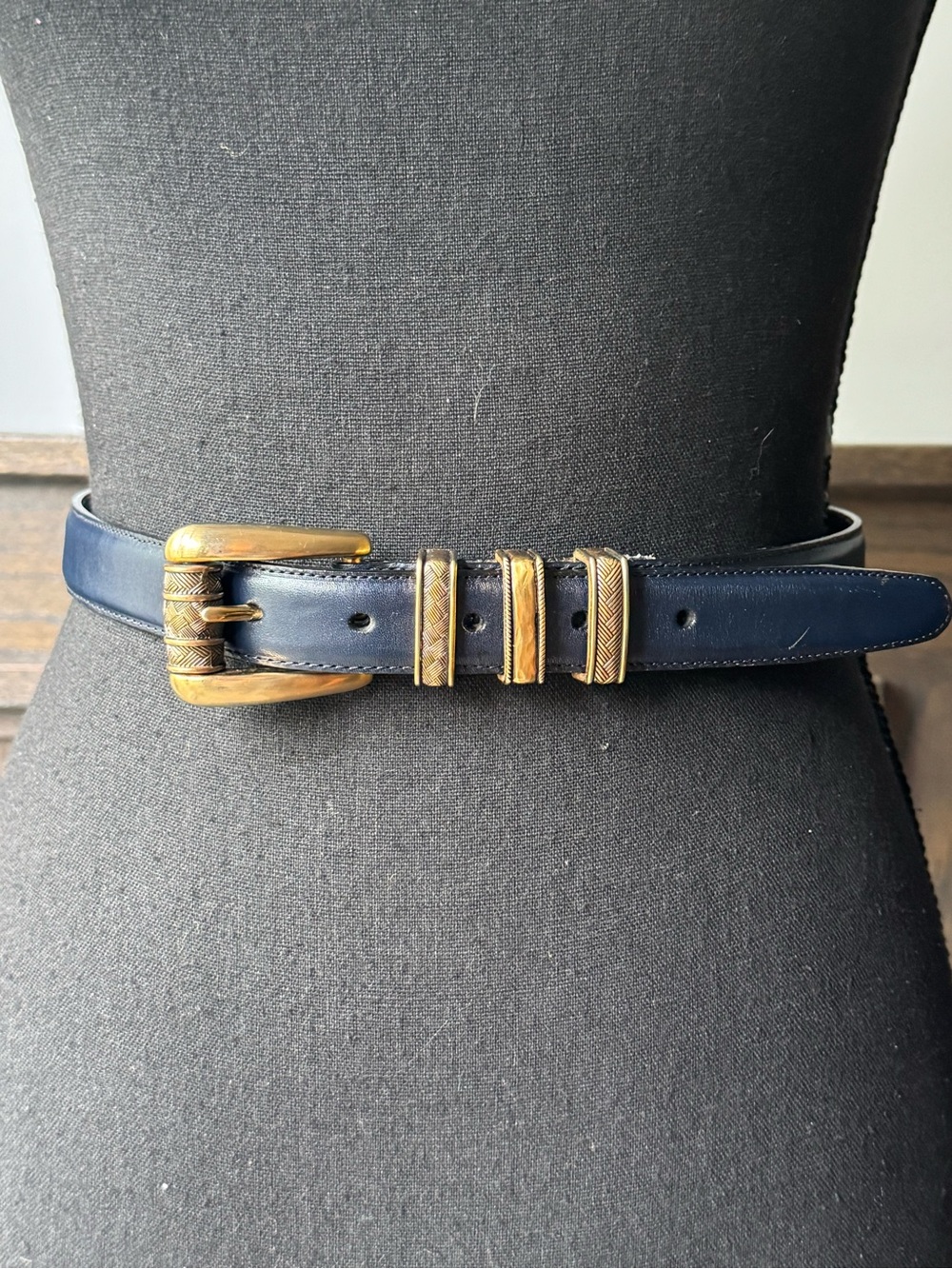 Brighton Navy Leather Belt with Gold-Tone Buckle